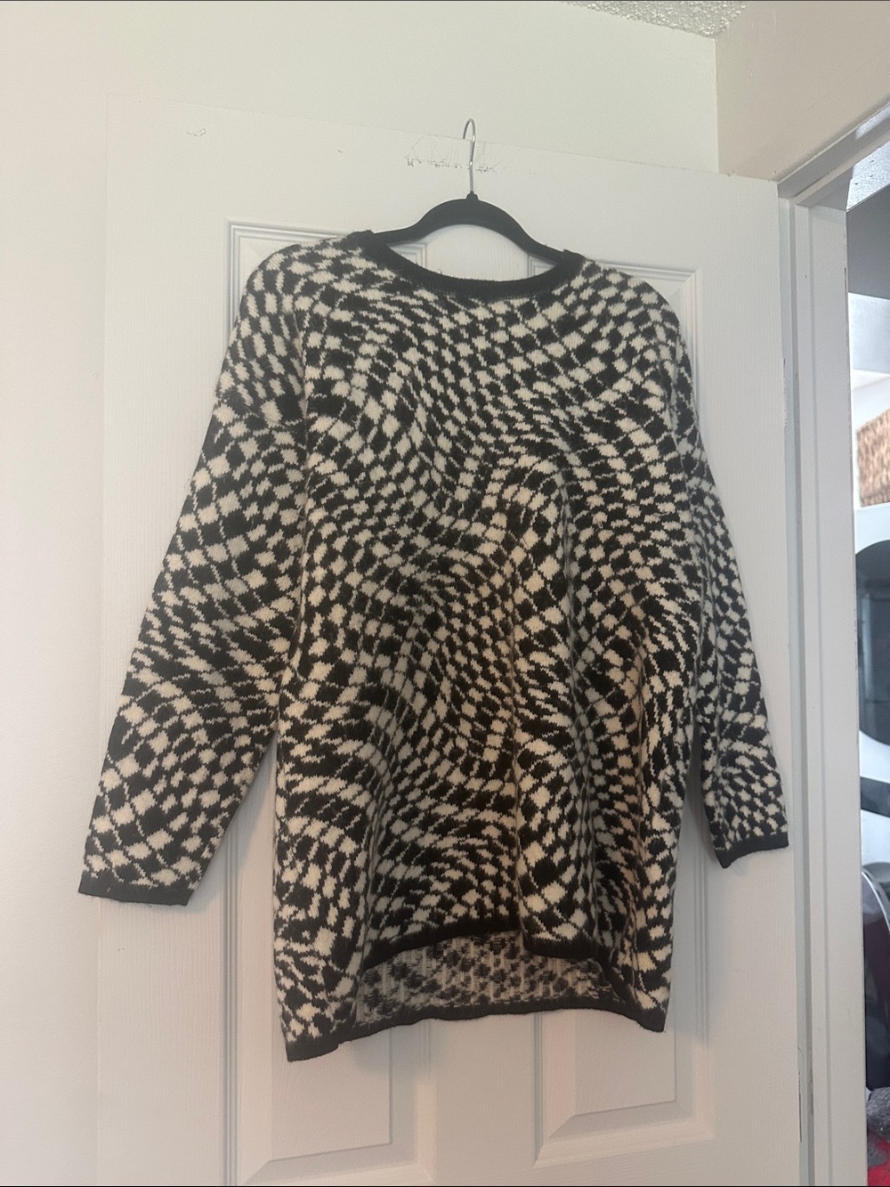 Women’s Long Crewneck Sweater in Black & Cream Optical Check